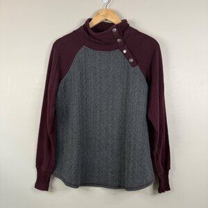 Maurices Womens Button-Detail Mock Neck Sweater Medium Gray & Burgundy Long Slee